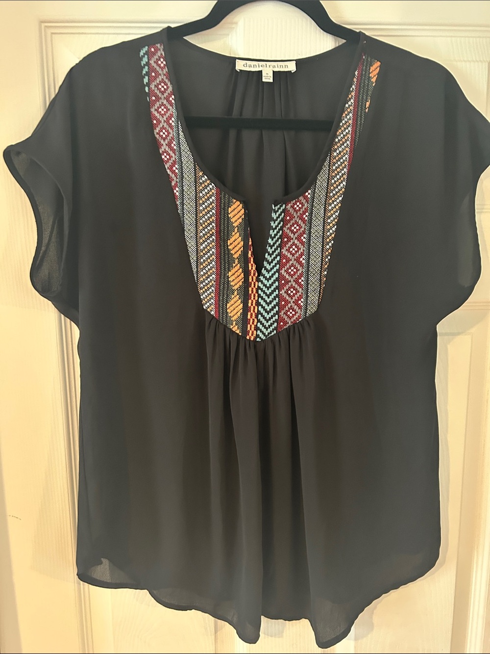 Daniel Rainn NWOT Black Blouse with Multicolor Embroidered Yoke
